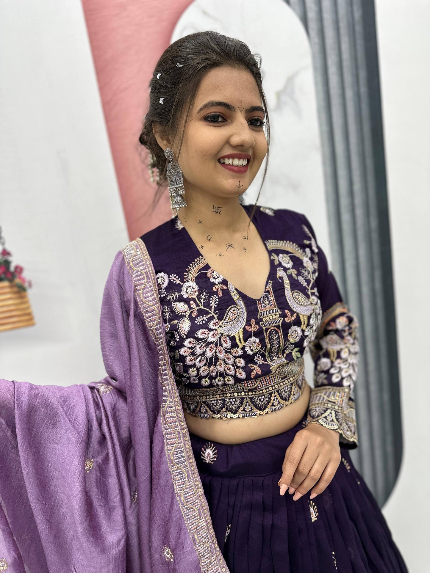 Wedding Wear Wine Color Vichitra Silk Heavy Thread And Sequins Embroidery Work Lehenga Choli