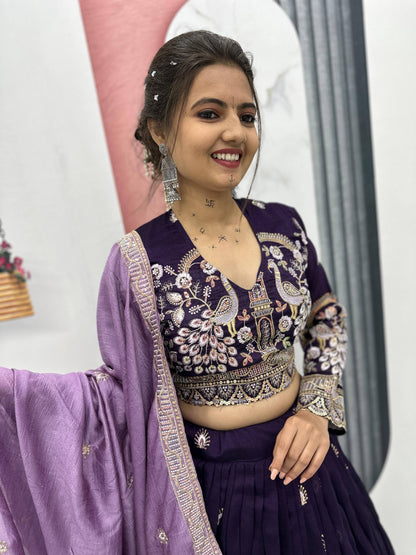 Wedding Wear Wine Color Vichitra Silk Heavy Thread And Sequins Embroidery Work Lehenga Choli