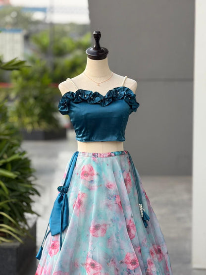 Wedding Wear Sky Blue Color Fully Stitched Lehenga Set With Batwa Bag