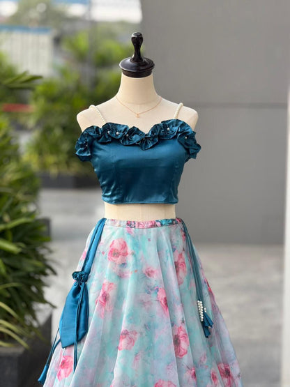 Wedding Wear Sky Blue Color Fully Stitched Lehenga Set With Batwa Bag