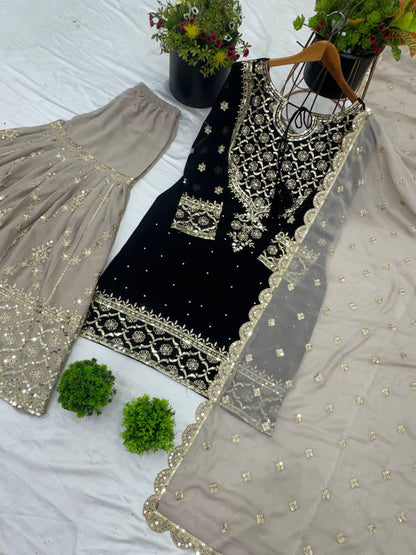 Wedding Wear Black Color Heavy Faux Georgette With 5mm Embroidery Sequence Work Sharara Suit