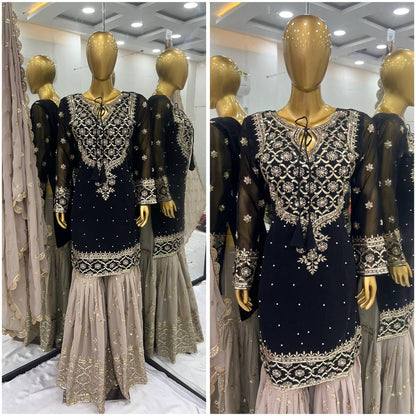 Wedding Wear Black Color Heavy Faux Georgette With 5mm Embroidery Sequence Work Sharara Suit