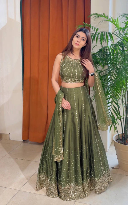 Wedding Wear Green Color Thai Silk Sequins Work Lehenga Choli Set
