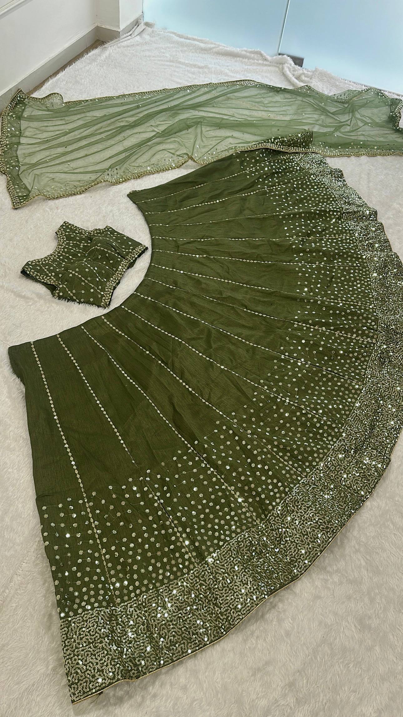 Wedding Wear Green Color Thai Silk Sequins Work Lehenga Choli Set