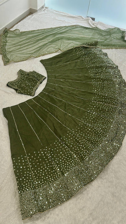 Wedding Wear Green Color Thai Silk Sequins Work Lehenga Choli Set