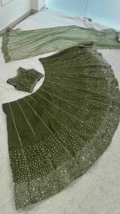 Wedding Wear Green Color Thai Silk Sequins Work Lehenga Choli Set