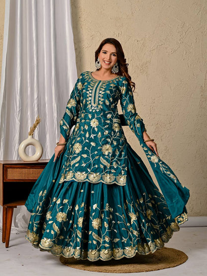 Delightful Green Color Heavy Chinon Silk Sequence Embroidered Top With Lehenga and Dupatta