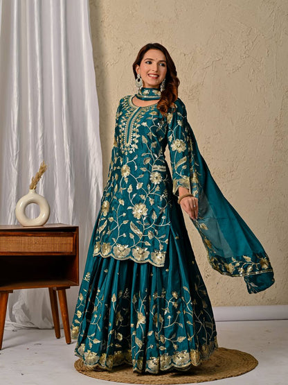 Delightful Green Color Heavy Chinon Silk Sequence Embroidered Top With Lehenga and Dupatta