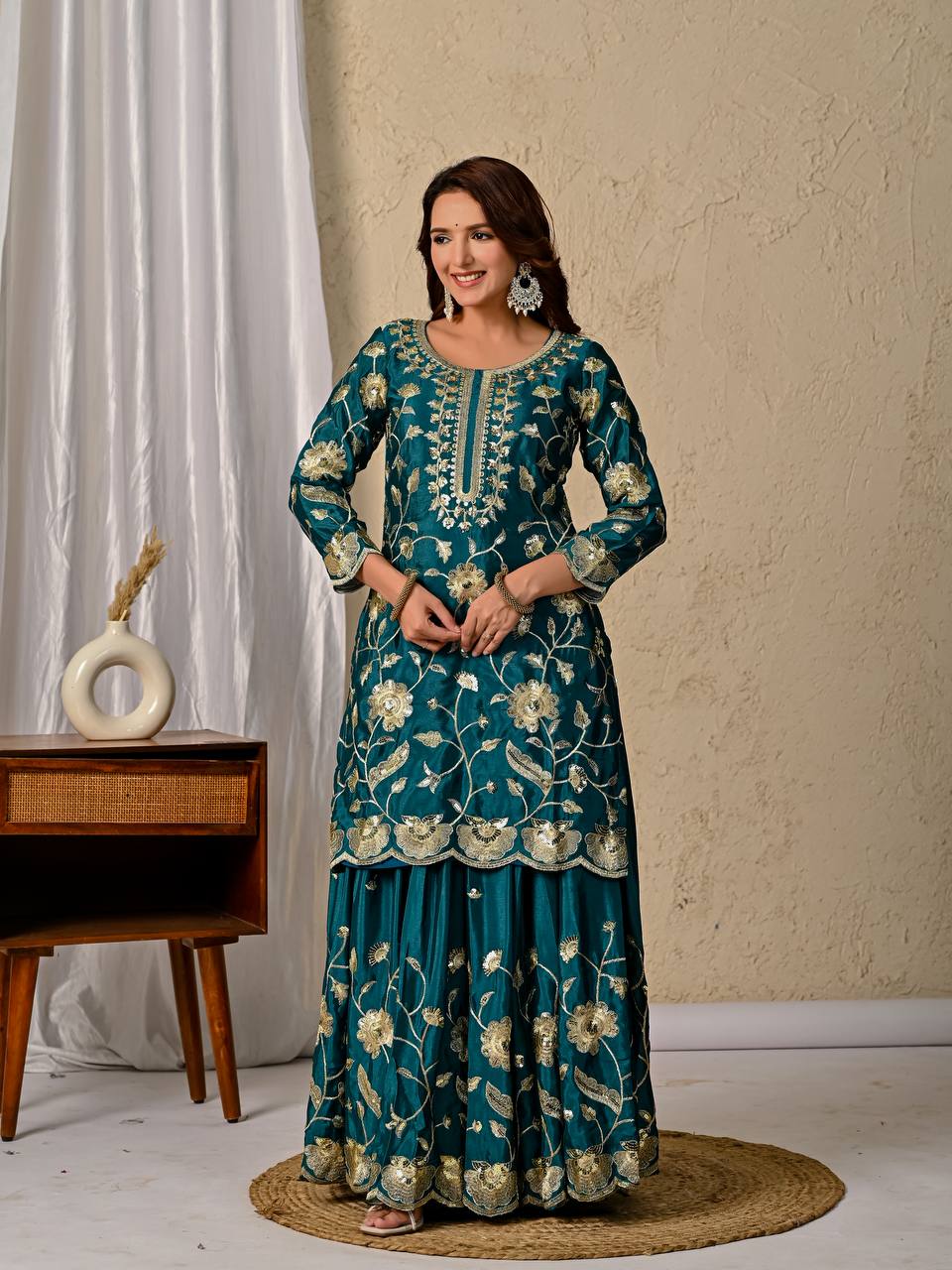 Delightful Green Color Heavy Chinon Silk Sequence Embroidered Top With Lehenga and Dupatta