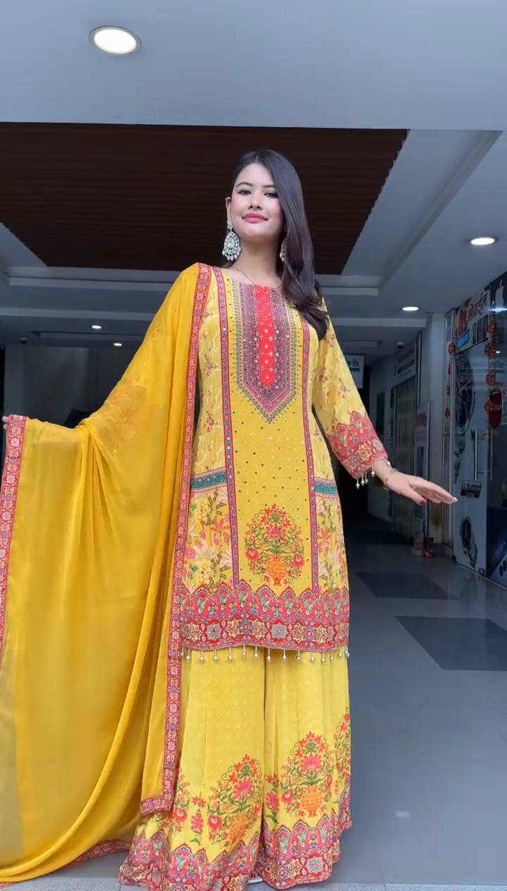 Haldi Wear Yellow Color Heavy Natural Silk Digital Print With Real Mirror Hand Work Palazzo Suit
