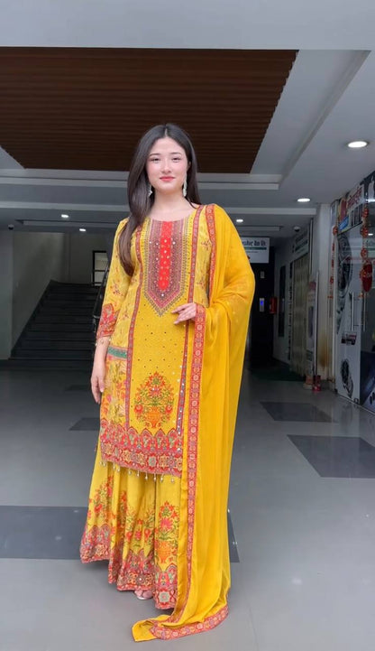 Haldi Wear Yellow Color Heavy Natural Silk Digital Print With Real Mirror Hand Work Palazzo Suit