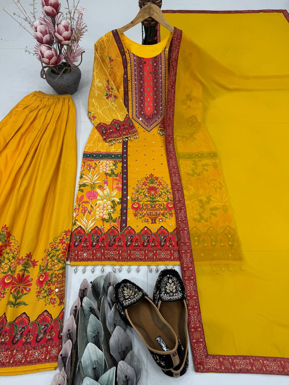 Haldi Wear Yellow Color Heavy Natural Silk Digital Print With Real Mirror Hand Work Palazzo Suit