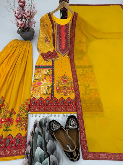Haldi Wear Yellow Color Heavy Natural Silk Digital Print With Real Mirror Hand Work Palazzo Suit