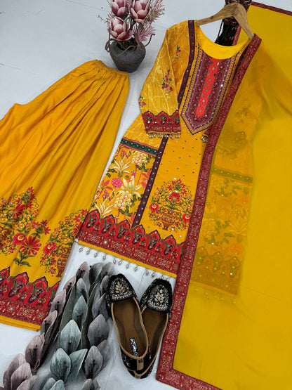 Haldi Wear Yellow Color Heavy Natural Silk Digital Print With Real Mirror Hand Work Palazzo Suit