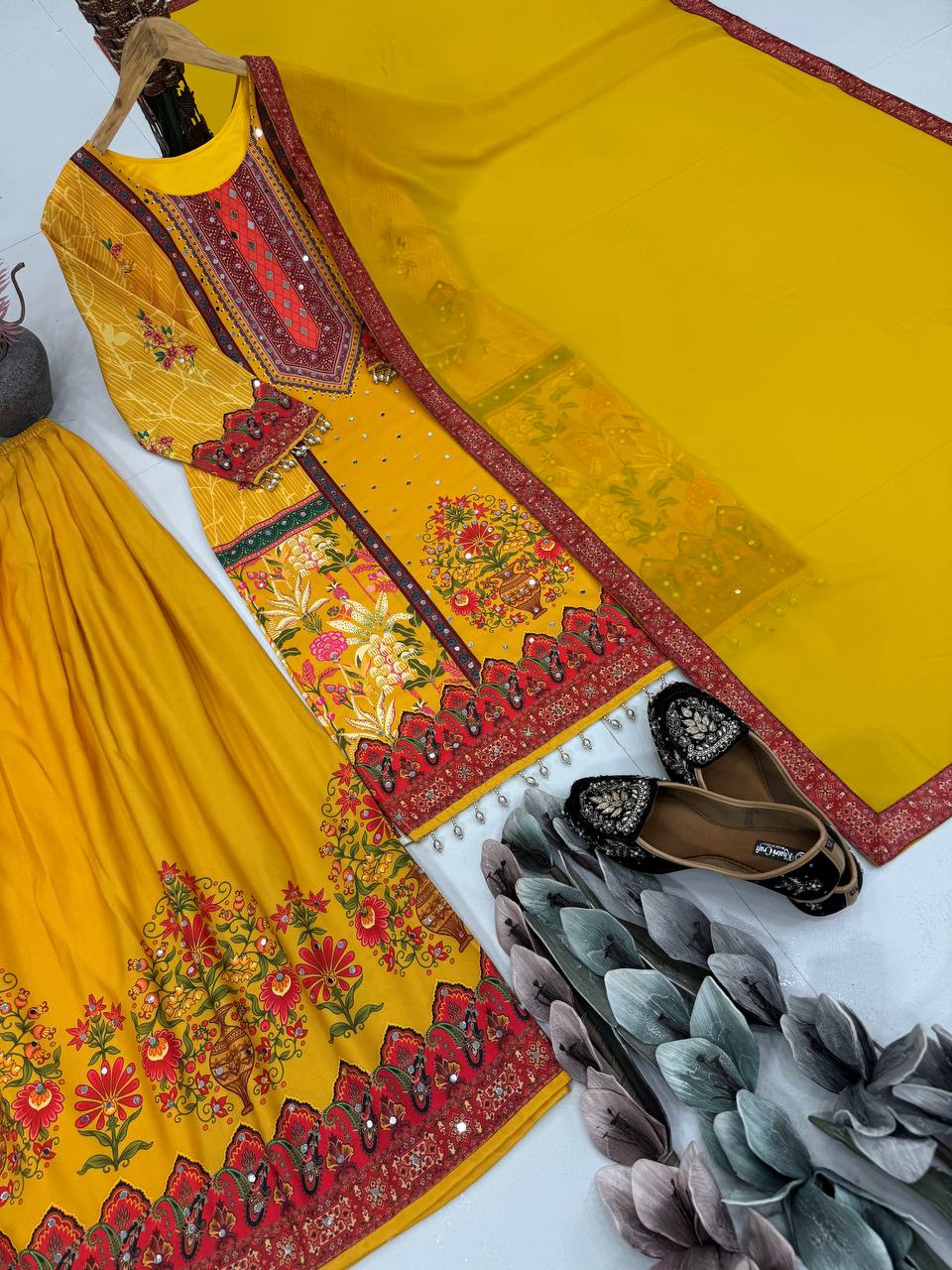 Haldi Wear Yellow Color Heavy Natural Silk Digital Print With Real Mirror Hand Work Palazzo Suit
