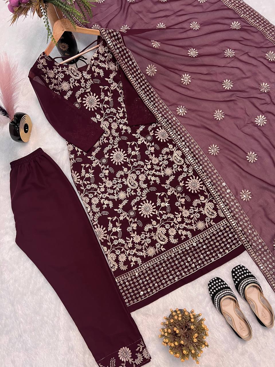 Festive Wear Wine Color Faux Georgette With All Over Sequence Embroidery Work Designer Salwar Suit
