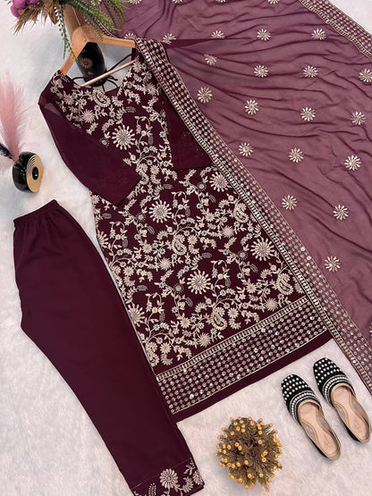 Festive Wear Wine Color Faux Georgette With All Over Sequence Embroidery Work Designer Salwar Suit
