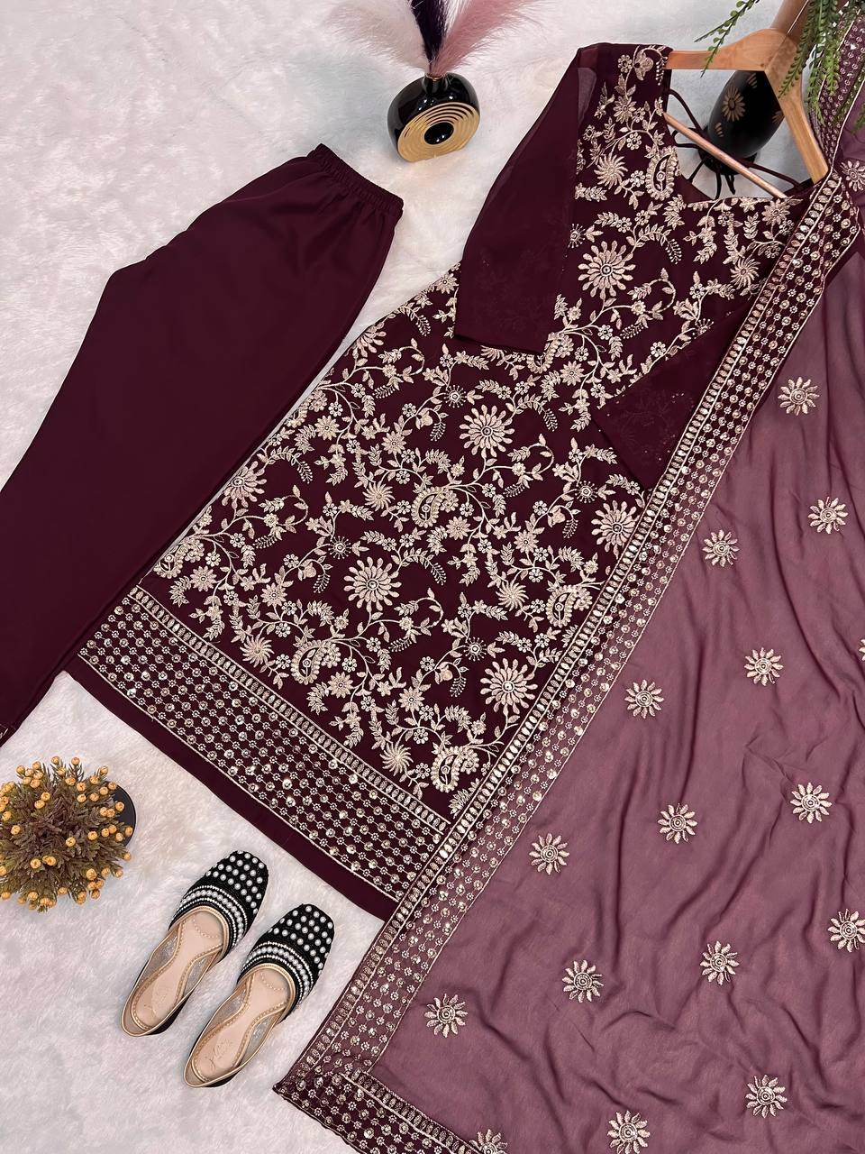 Festive Wear Wine Color Faux Georgette With All Over Sequence Embroidery Work Designer Salwar Suit