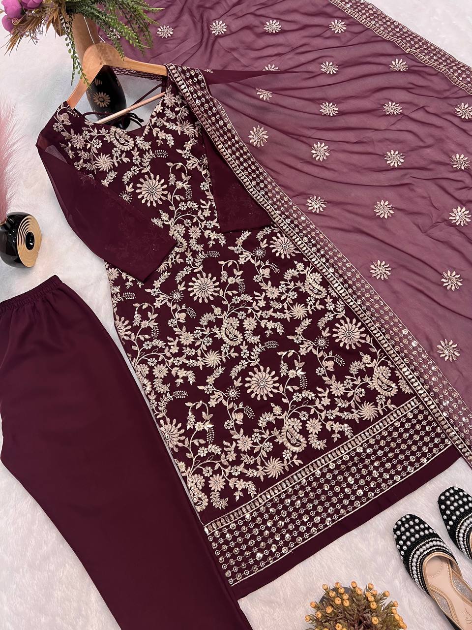 Festive Wear Wine Color Faux Georgette With All Over Sequence Embroidery Work Designer Salwar Suit