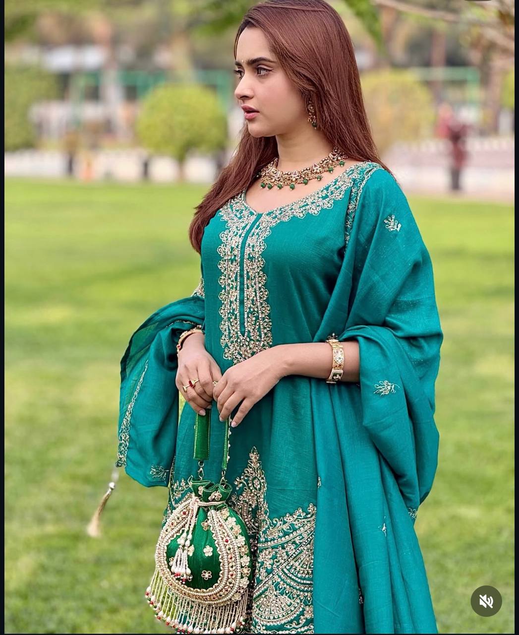 Pretty Green Color Chinon Silk Sequence Embroidered Work Palazzo Suit
