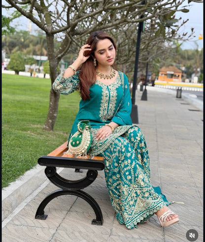 Pretty Green Color Chinon Silk Sequence Embroidered Work Palazzo Suit