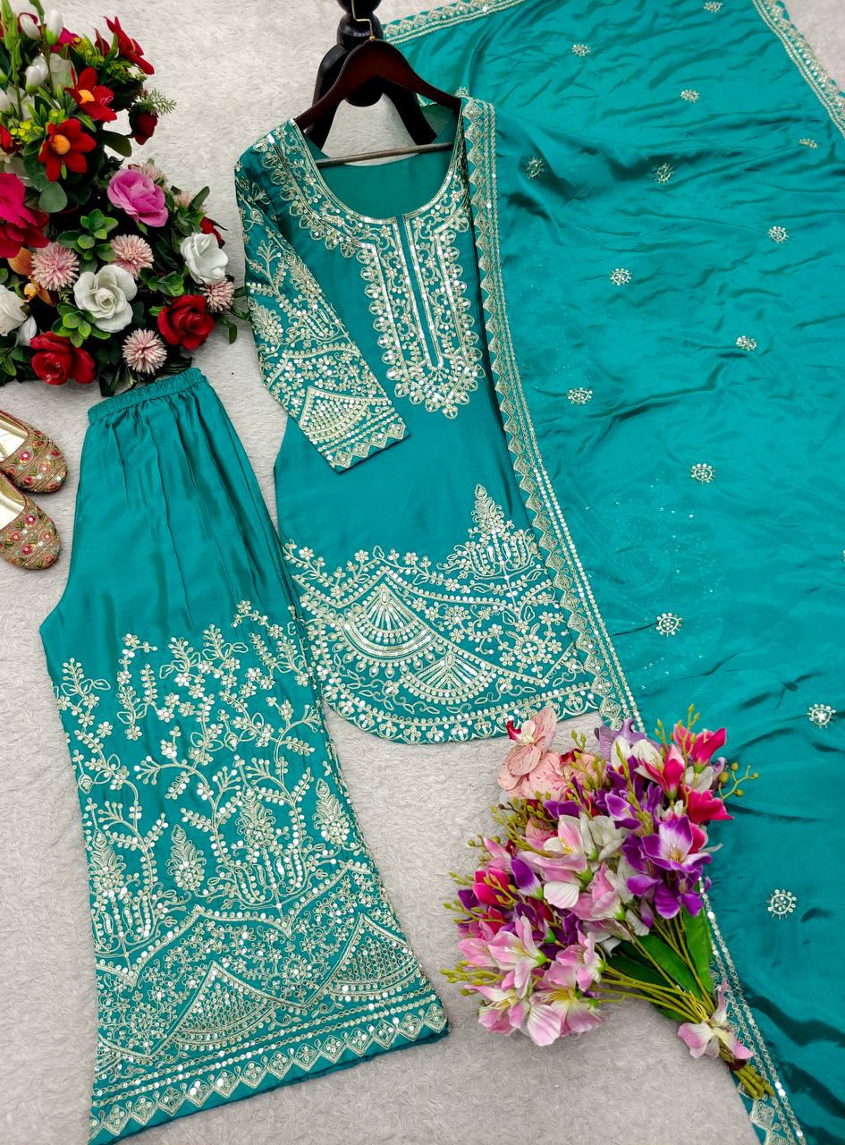 Pretty Green Color Chinon Silk Sequence Embroidered Work Palazzo Suit