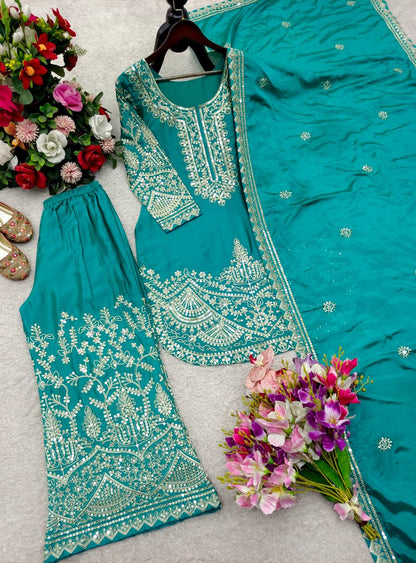 Pretty Green Color Chinon Silk Sequence Embroidered Work Palazzo Suit