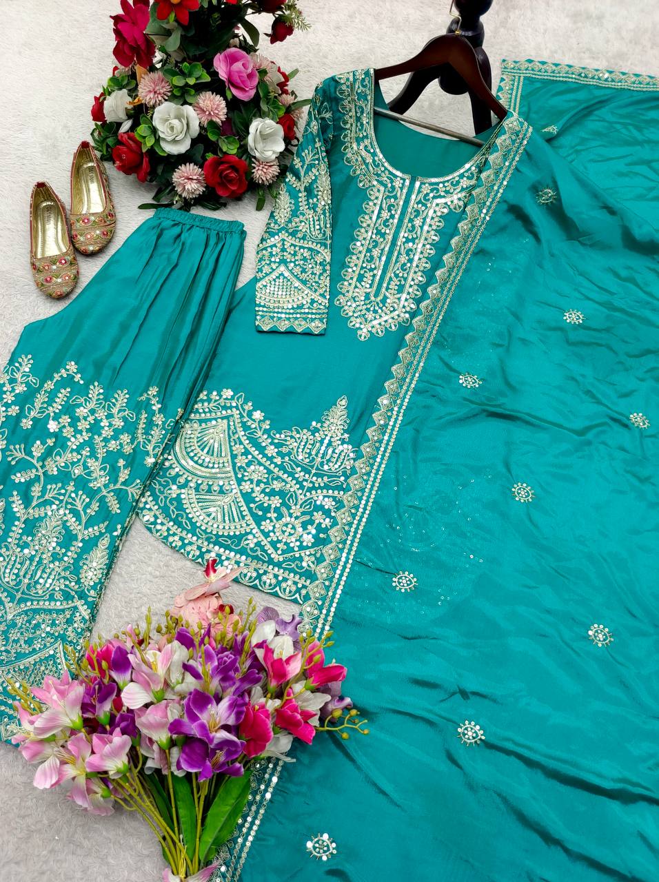 Pretty Green Color Chinon Silk Sequence Embroidered Work Palazzo Suit