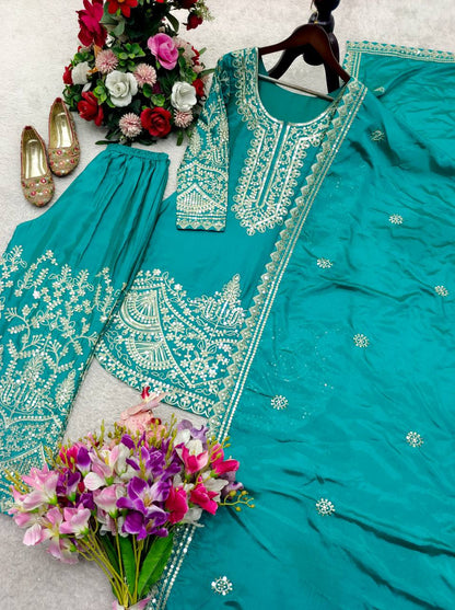Pretty Green Color Chinon Silk Sequence Embroidered Work Palazzo Suit