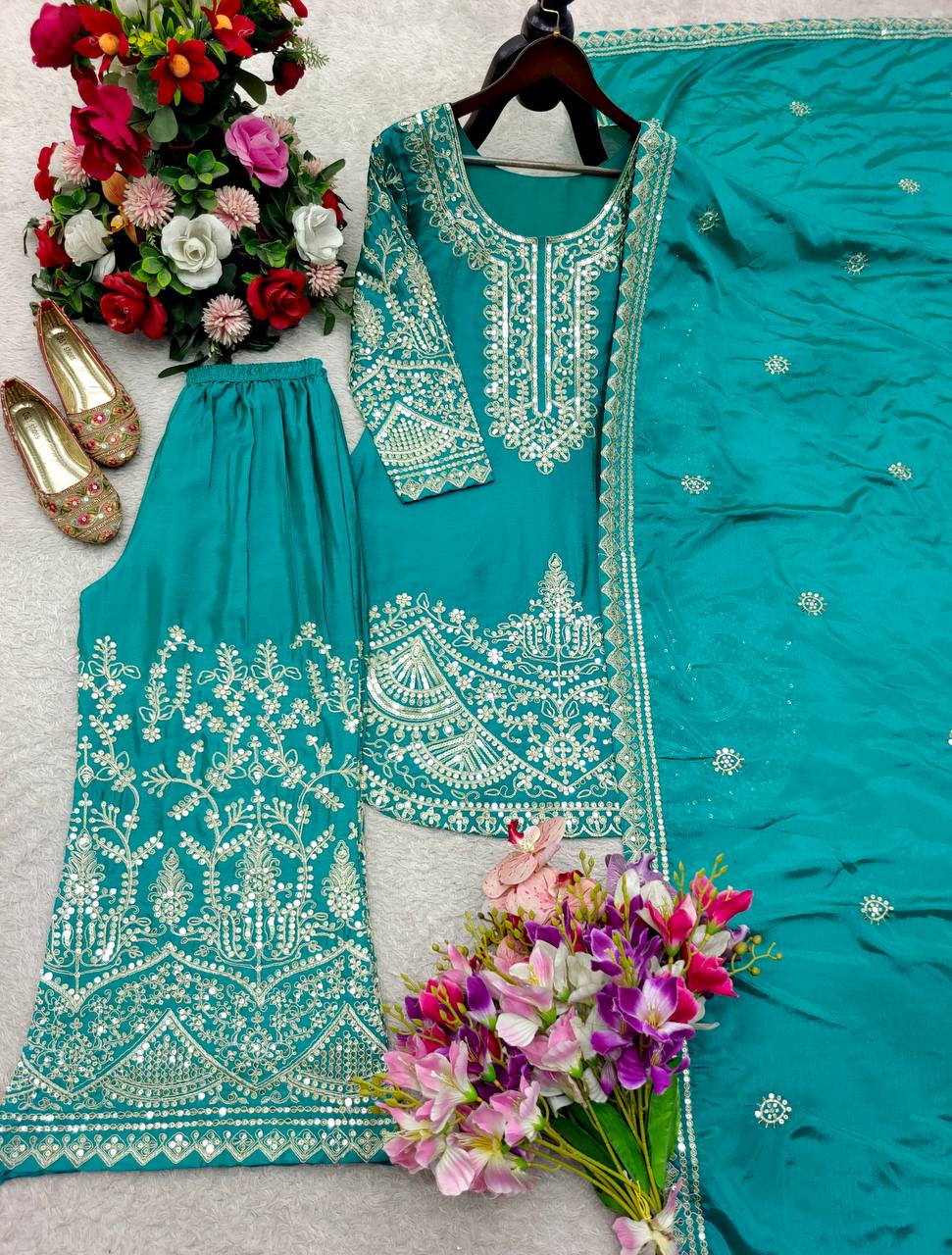 Pretty Green Color Chinon Silk Sequence Embroidered Work Palazzo Suit
