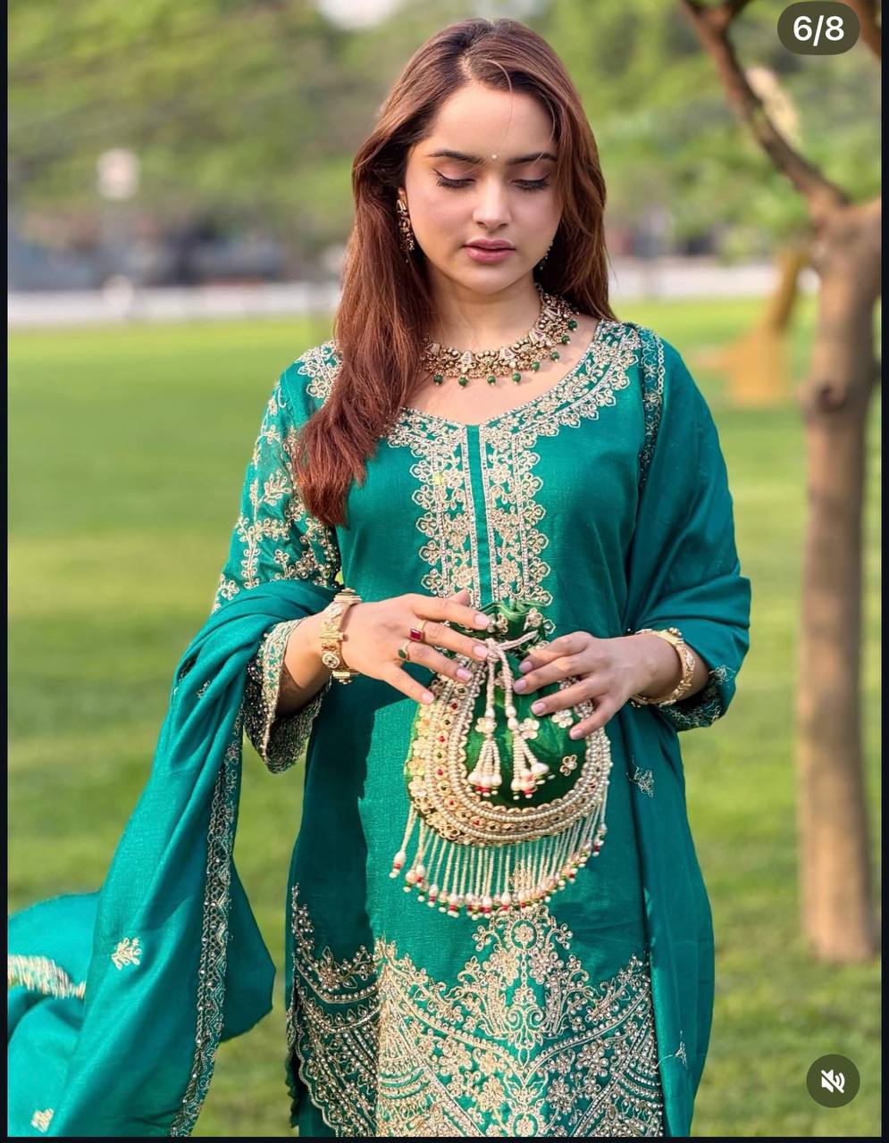 Pretty Green Color Chinon Silk Sequence Embroidered Work Palazzo Suit