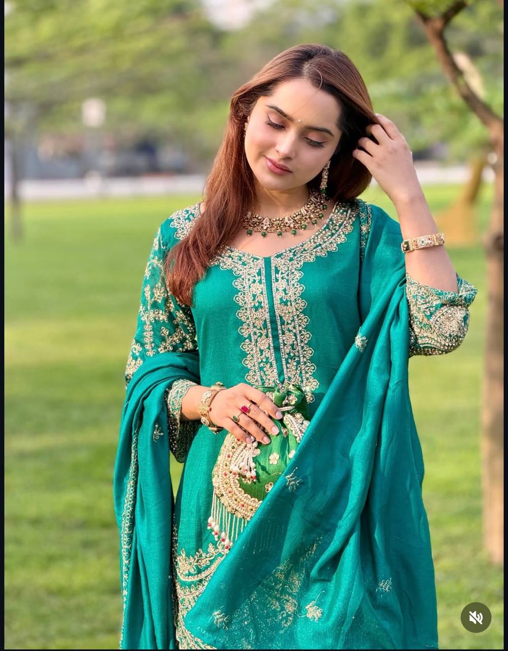 Pretty Green Color Chinon Silk Sequence Embroidered Work Palazzo Suit