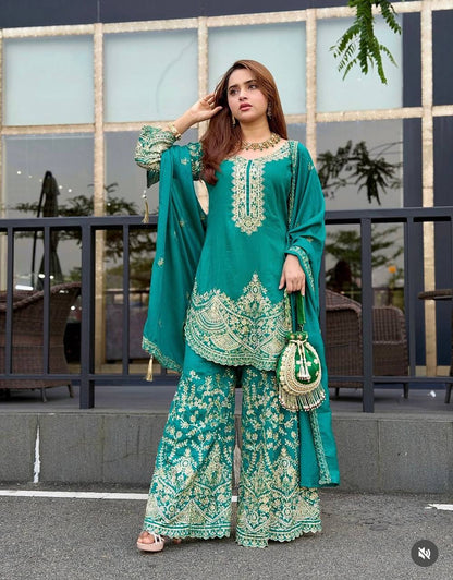 Pretty Green Color Chinon Silk Sequence Embroidered Work Palazzo Suit