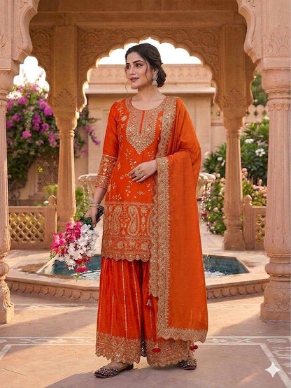 Marvelous Orange Color Heavy Chinon Silk Embroidered Palazzo Suit