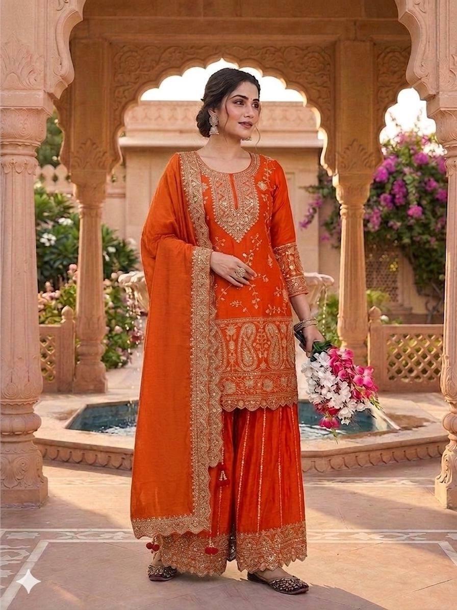 Marvelous Orange Color Heavy Chinon Silk Embroidered Palazzo Suit