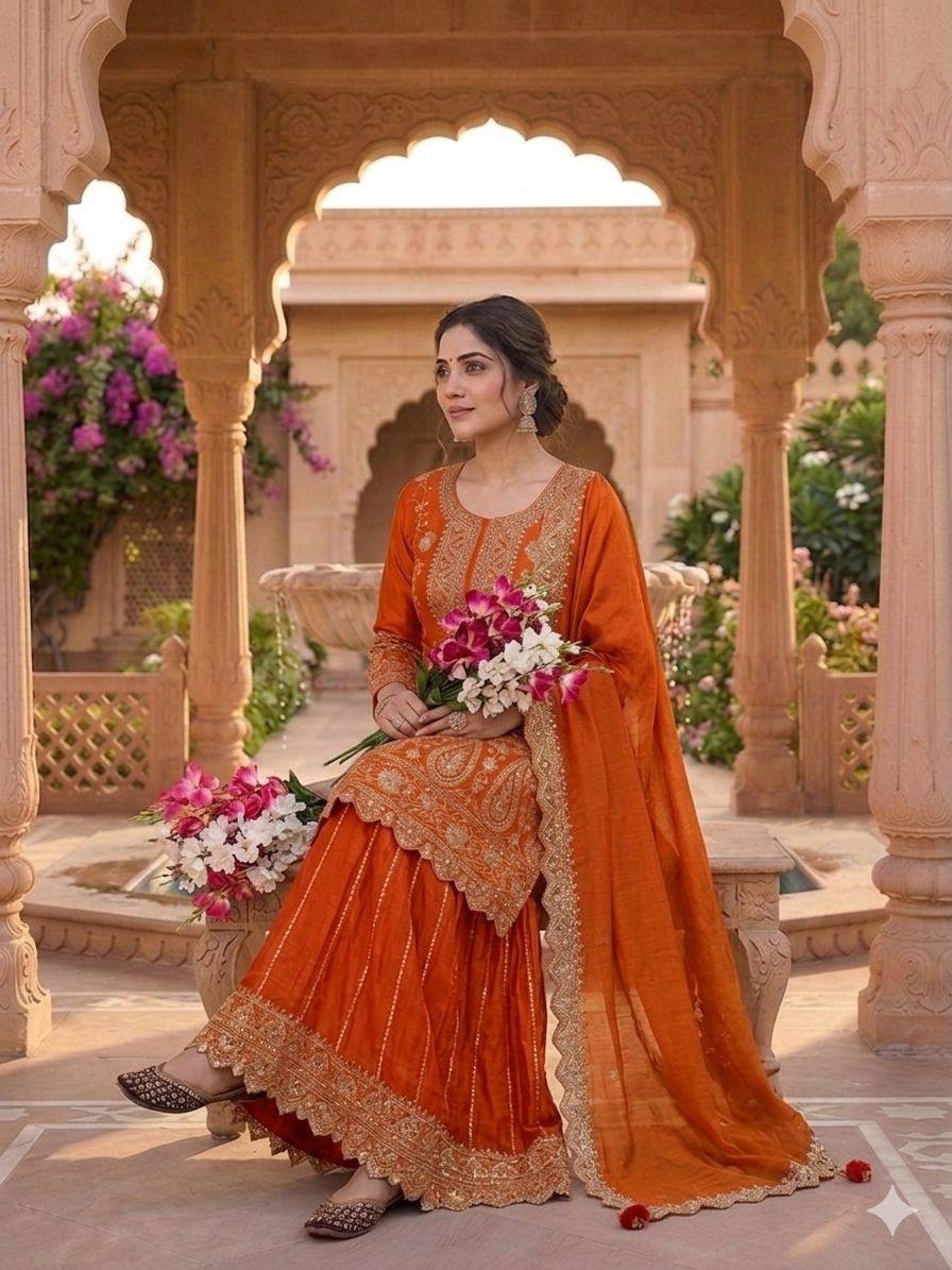 Marvelous Orange Color Heavy Chinon Silk Embroidered Palazzo Suit