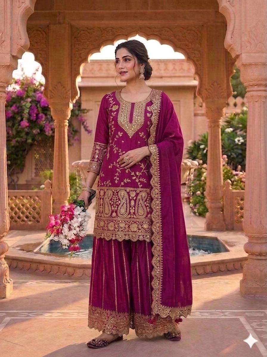 Attractive Purple Color Heavy Chinon Silk Embroidered Palazzo Suit