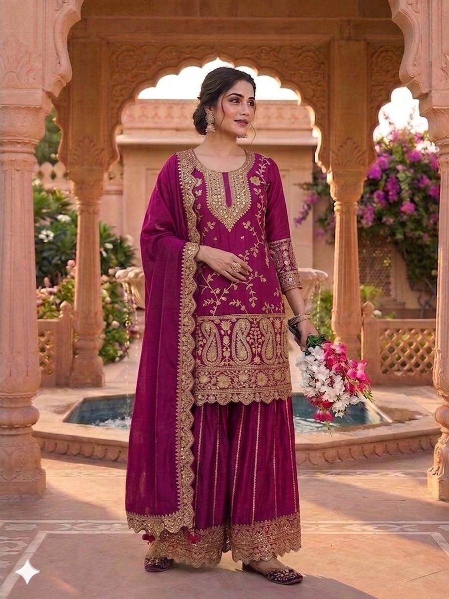 Attractive Purple Color Heavy Chinon Silk Embroidered Palazzo Suit