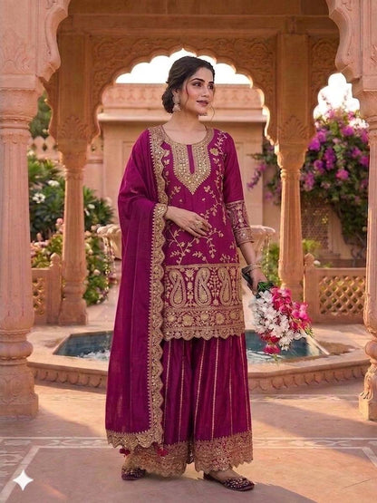 Attractive Purple Color Heavy Chinon Silk Embroidered Palazzo Suit
