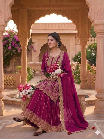Attractive Purple Color Heavy Chinon Silk Embroidered Palazzo Suit