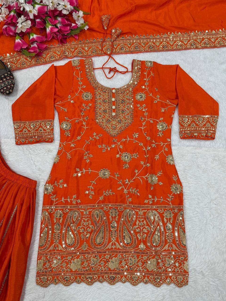 Marvelous Orange Color Heavy Chinon Silk Embroidered Palazzo Suit