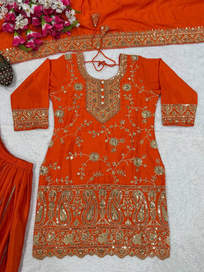 Marvelous Orange Color Heavy Chinon Silk Embroidered Palazzo Suit