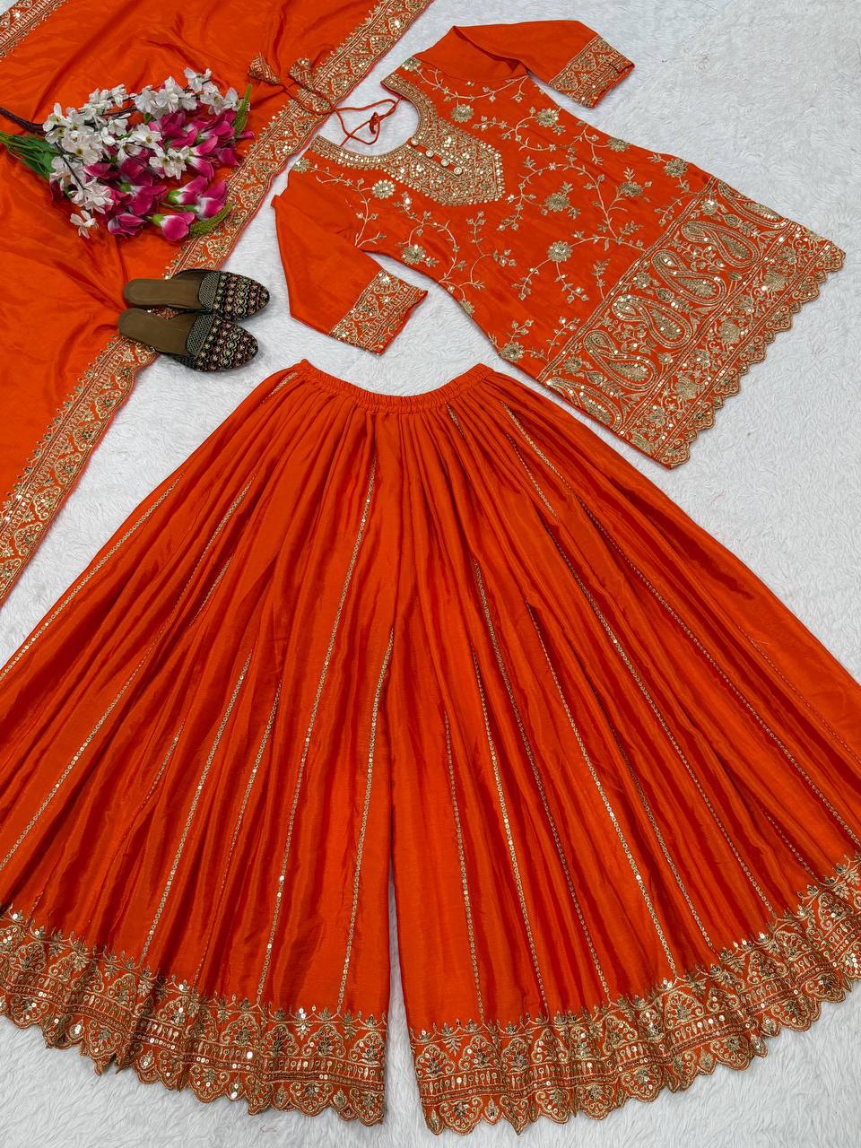 Marvelous Orange Color Heavy Chinon Silk Embroidered Palazzo Suit