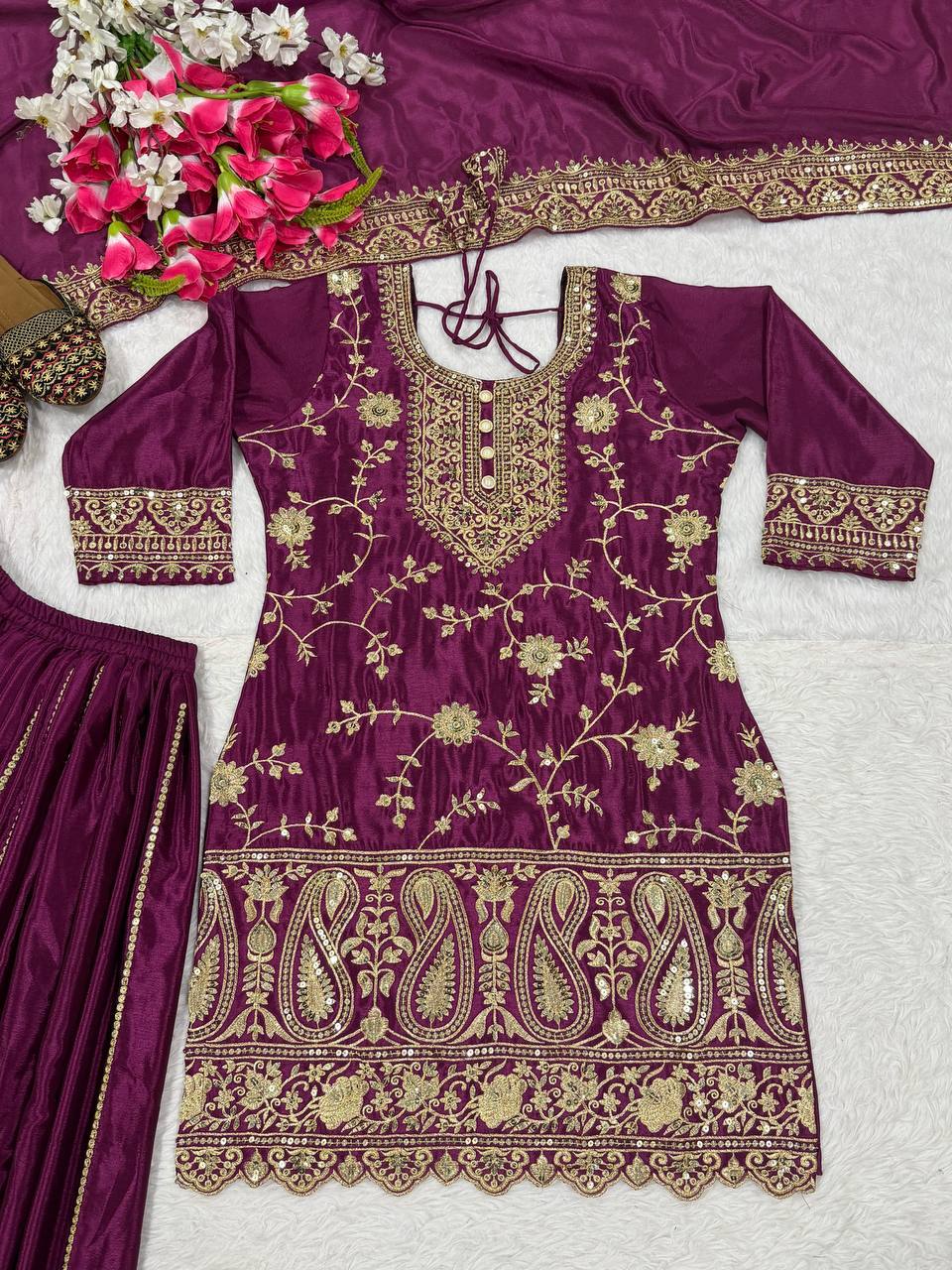 Attractive Purple Color Heavy Chinon Silk Embroidered Palazzo Suit