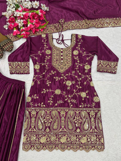 Attractive Purple Color Heavy Chinon Silk Embroidered Palazzo Suit