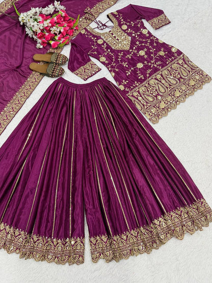 Attractive Purple Color Heavy Chinon Silk Embroidered Palazzo Suit