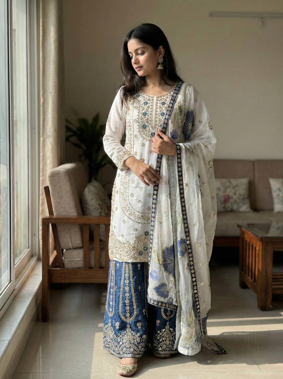Wedding Wear Blue Color Embroidery Sequence Work Palazzo Suit