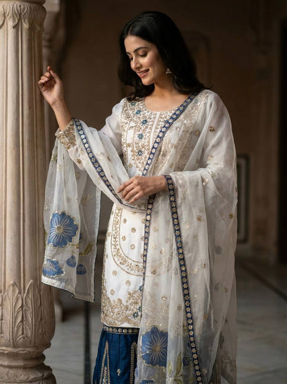 Wedding Wear Blue Color Embroidery Sequence Work Palazzo Suit
