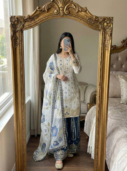 Wedding Wear Blue Color Embroidery Sequence Work Palazzo Suit