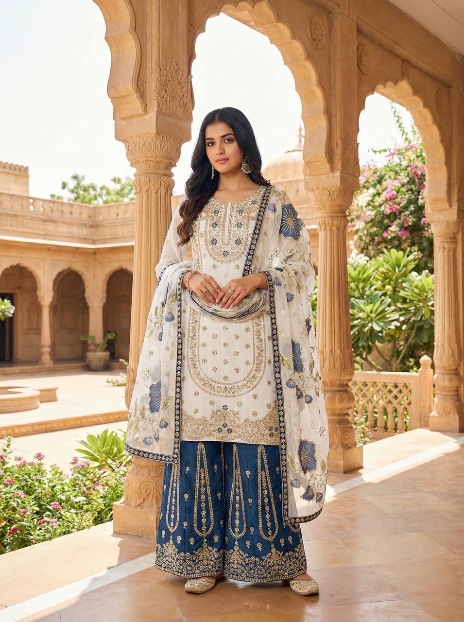 Wedding Wear Blue Color Embroidery Sequence Work Palazzo Suit